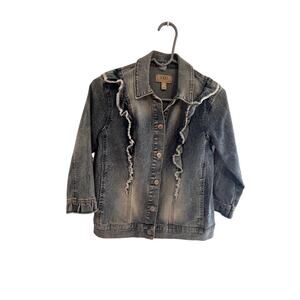 Logo Lori Goldstein Jean Jacket 3/4 Sleeve Raw Hem Distressed Ruffled Size 2 XS